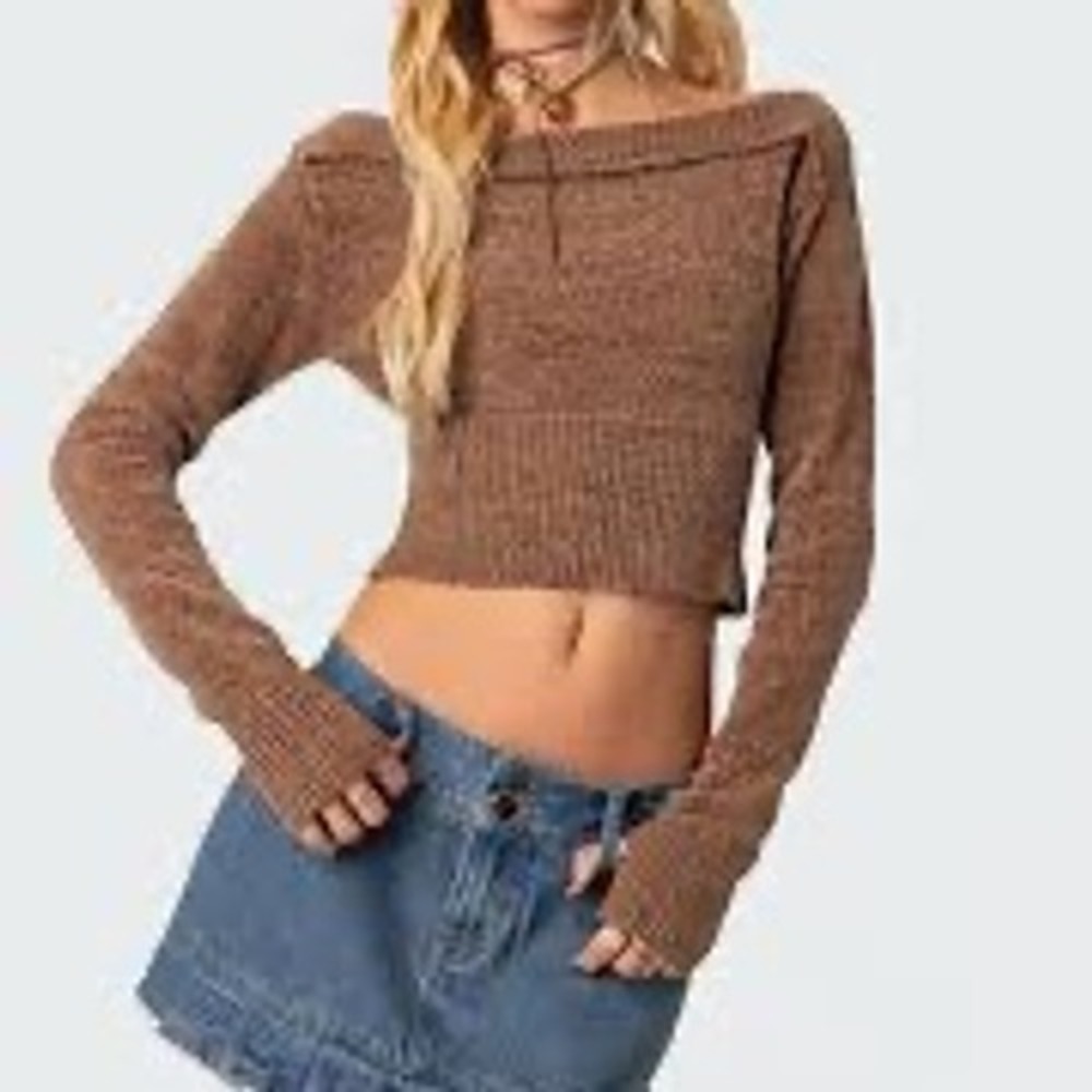 Edikted Farrah Off the Shoulder Crop Sweater Women L Brown Y2K Indie Grunge Top